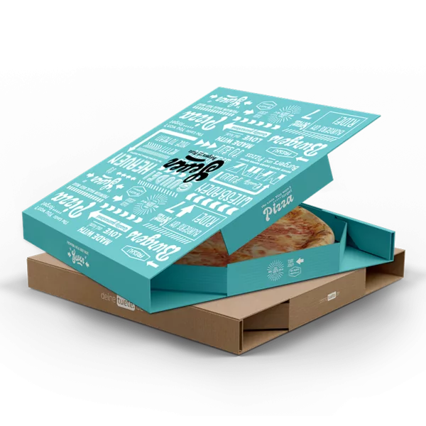 Individuell bedruckte Pizzaboxen/ Pizzakartons in blau bedruckt und in grau