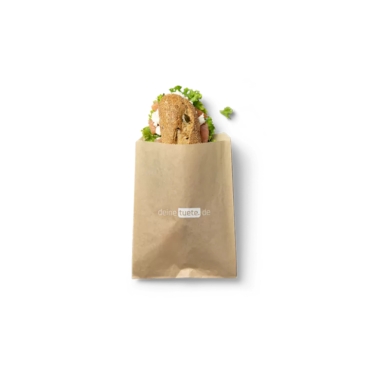 Brötchentüte mit Sandwich aus grauem Papier mit Logo drauf